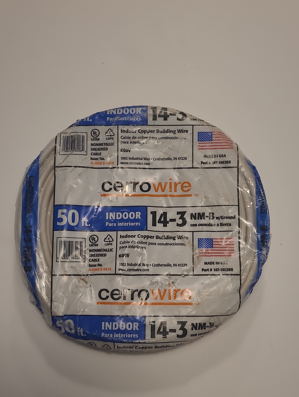 ROMEX 14-3NM-B W/Ground Indoor Copper Building Wire - White, 50 Feet